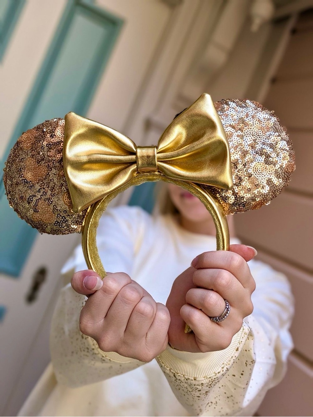 Disney Gold Sequin Minnie Ears Headband with Metallic Bow